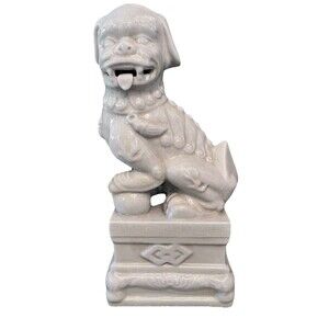 Vintage Ceramic Porcelain Foo Dog White Glaze Fu Dog Statue 15.75" Chinoiserie